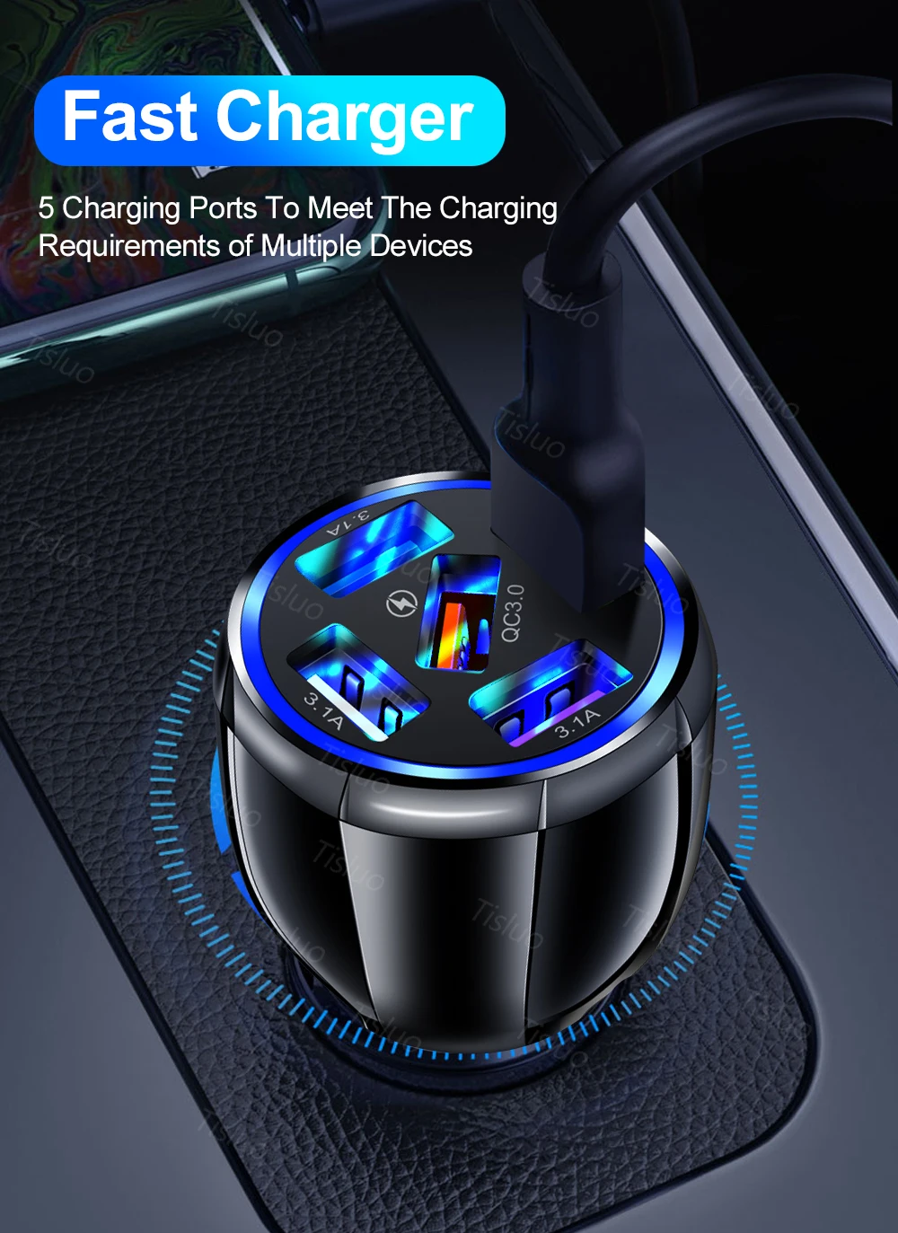 Quick Charge 3.0 Car Charger QC3.0 5 Ports Fast charging Car phone Charger For Samsung  Xiaomi iPhone Car Mobile phone Charger