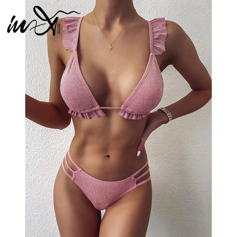 Сексуальный блестящий комплект бикини In X купальник с оборками и женский пуш ап