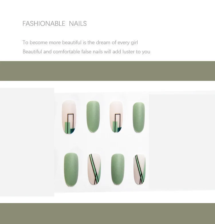 

24pcs Green Nails Patch Glue Type Removable Long Paragraph Fashion Manicure False Nails Patch Gifts For Girls Nail Art