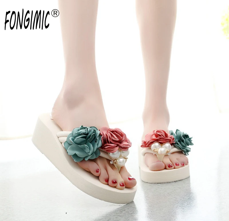 

6 Cm High Heel Women's Sweet Flowers Wear Beach Shoes, Women's Summer Thick Bottom Flip-flops, Non-slip Wedge Heel Sandals Shoe