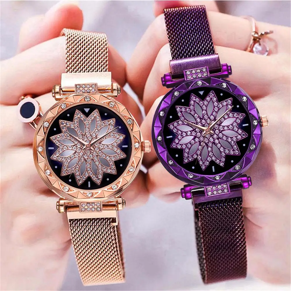 

Часы женские кварцевые с магнитной пряжкой, люксовые с изображением звездного неба, с цветами