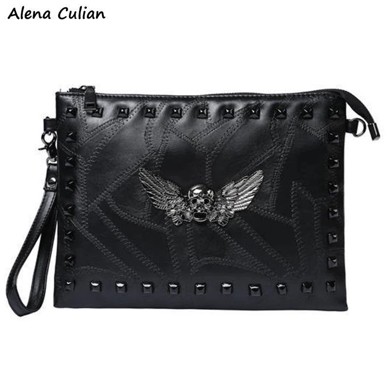

Luxury Mens Leather Clutch Wallet Solid Soft Black Envelope Clutch Handbag Rivet Skull Design Travel Shoulder Bag sacoche homme