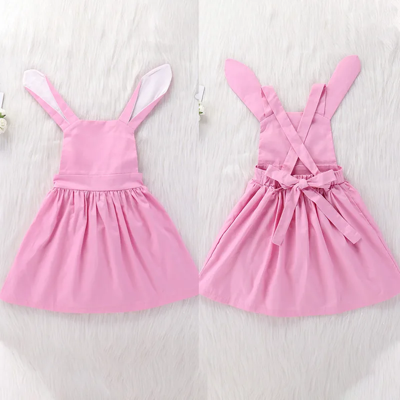 

Girl Pink Rabbit Dress Solid Ear Design Princess Skirt Open Back Bow Knot Decoration Lovely Summer Sleeveless