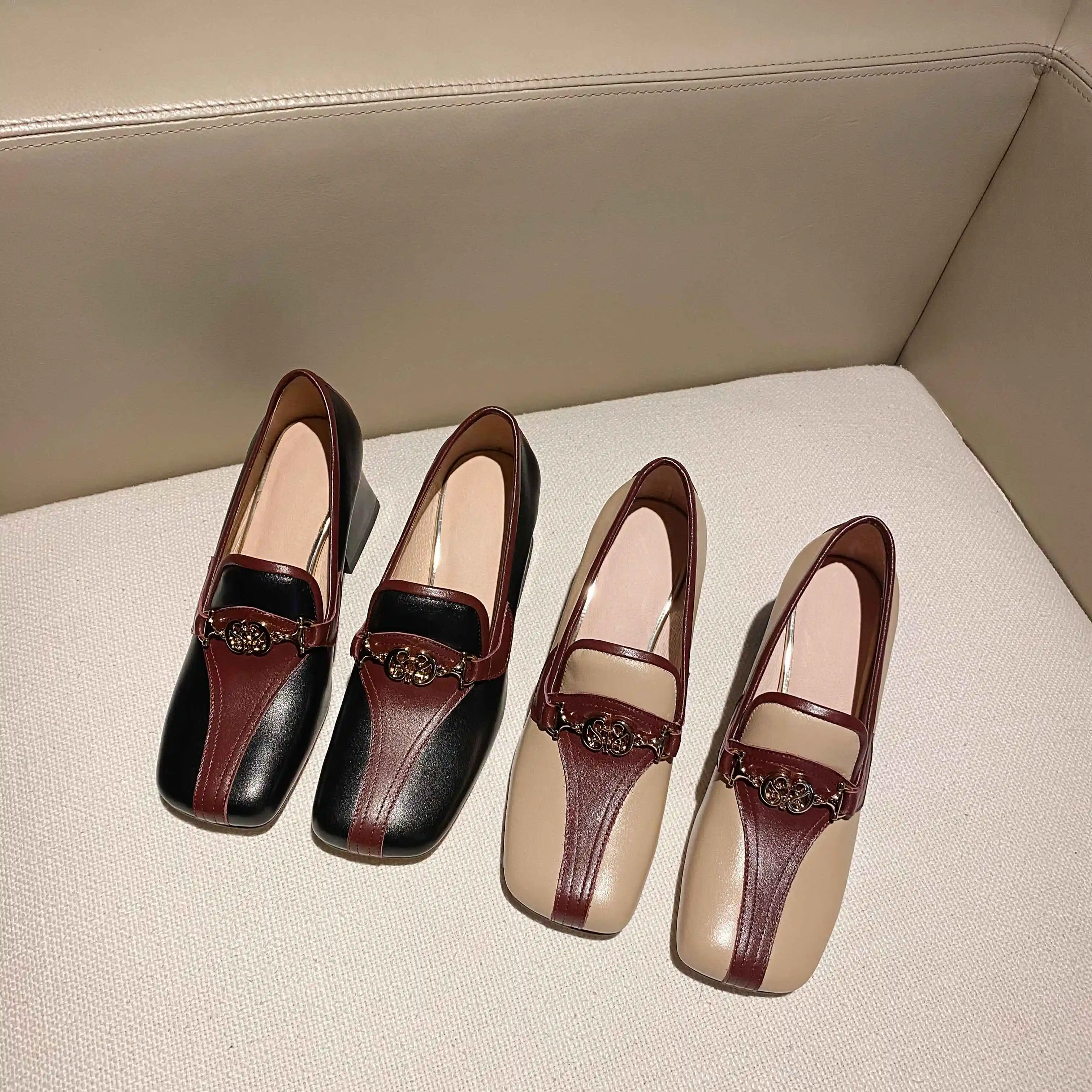 

Krazing Pot korean girls real cow leather mixed colors metal decorations square toe thick high heel slip on soft women pumps L58