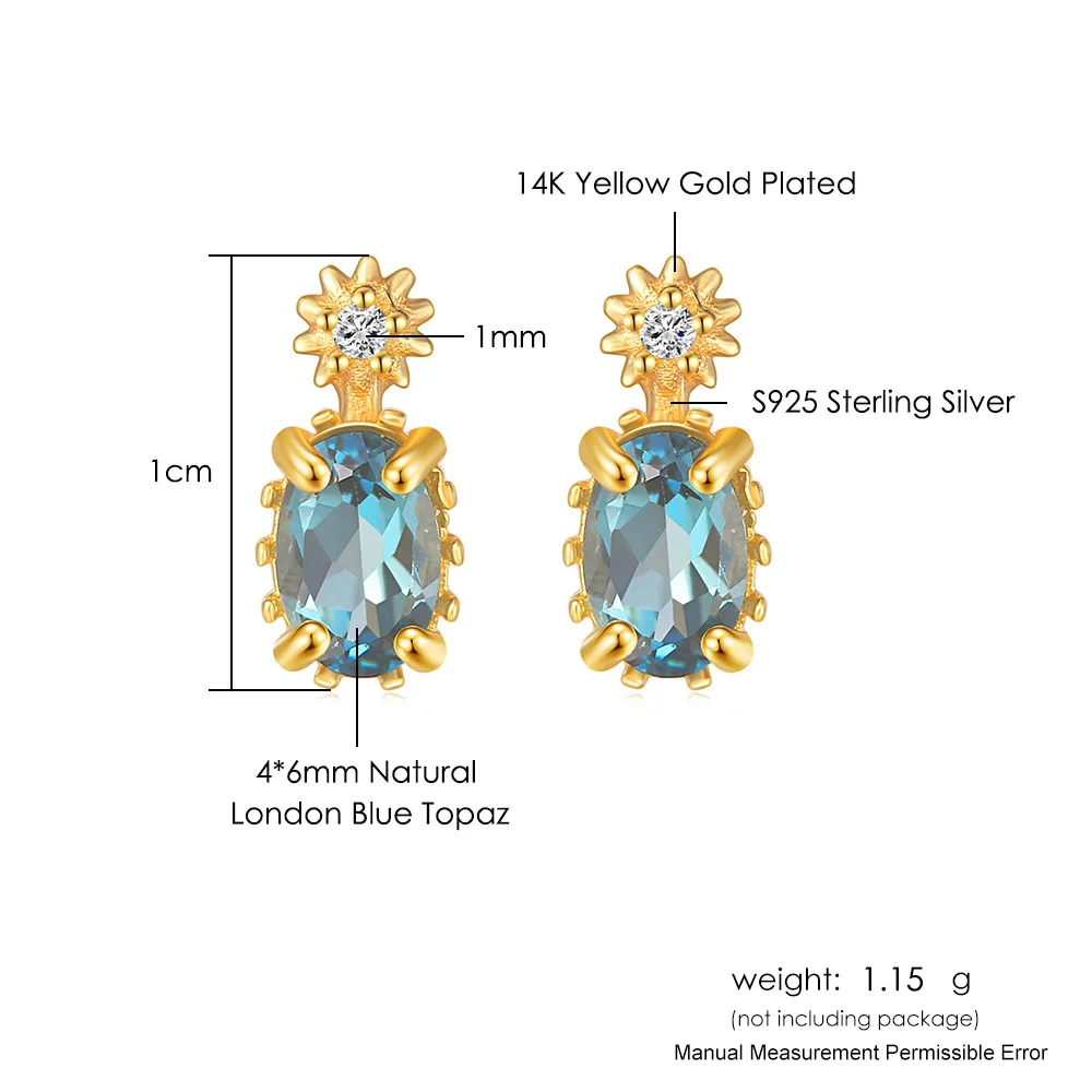 LAMOON Vingtate 925 Silver Stud Earrings For Women Natural London Blue Topaz Mini Earring 14K Gold Plated Fine Jewelry LMEI127 | Украшения