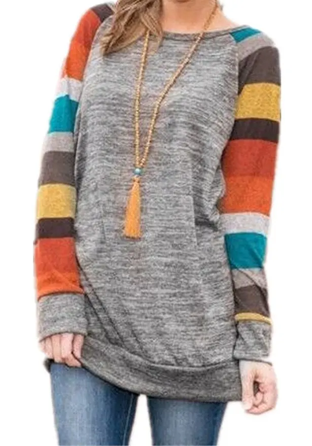 

Hot Sale Women's Clothing Spring and Autumn 2020 Striped T-shirt Printed sweater Raglan Long Sleeve T-shirt Round Neck Color