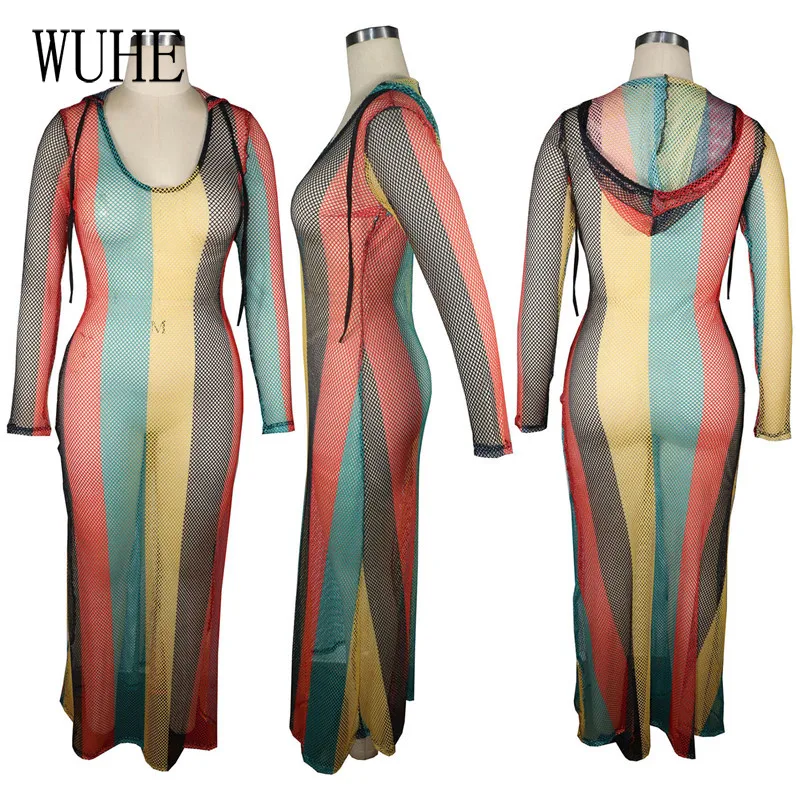 

WUHE Women Summer Sexy Hollow Out Floor-Length Long Dress Hooded Stripe See Through Mesh Beach Style Loose Cover Up Dress