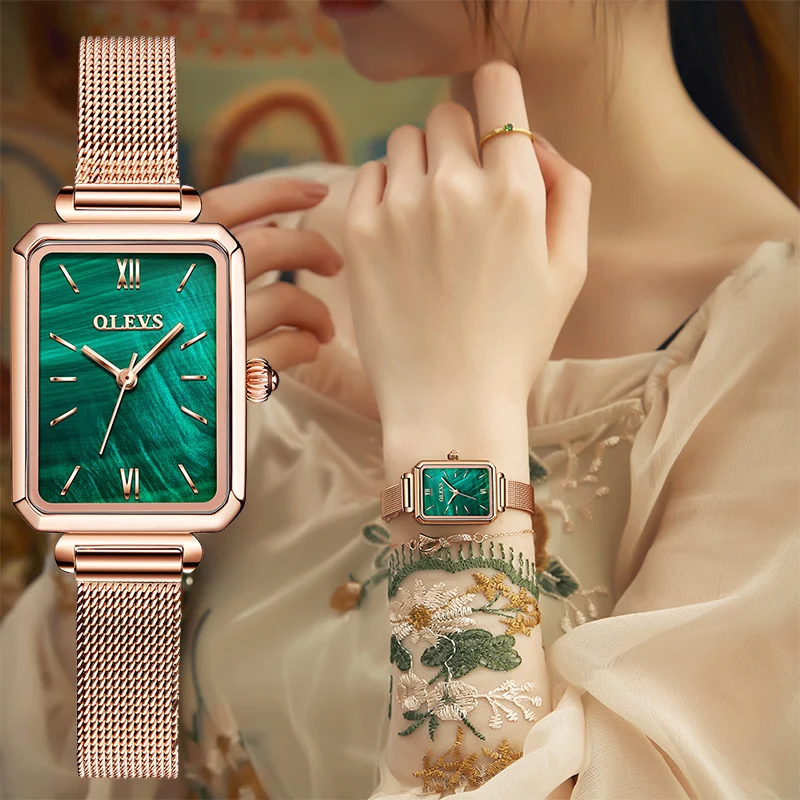 OLEVS Small Green watches for Women Square Stianless Steel Rose gold Bracelet Wristwatch Waterproof ladies Watch gifts for women