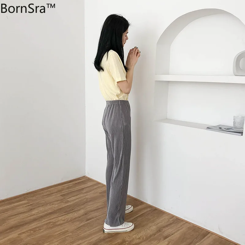 

Bornsra Female 2020 Spring Summer Korean Style Loose Straight-Leg Pants Cotton Full Length Casual Drawstring Wide Leg Pants