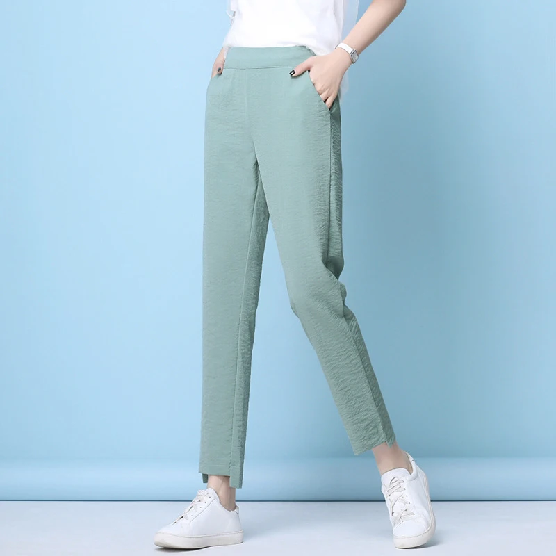 

2021 Summer Pants Women Ice Silk Cotton Linen Ankle Length Elastic High Waist Thin Pants Trousers High Quality For Female Ladys