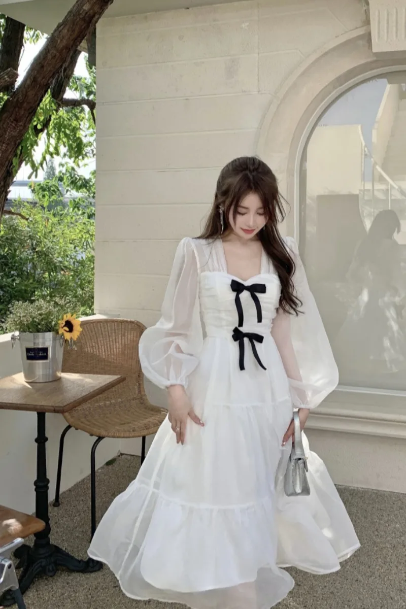 

Fairy French Style Kawaii Fresh Dresses for Women Bow Lantern Sleeve Vintage Korean One Piece Elegant Office Lady Woman Dress
