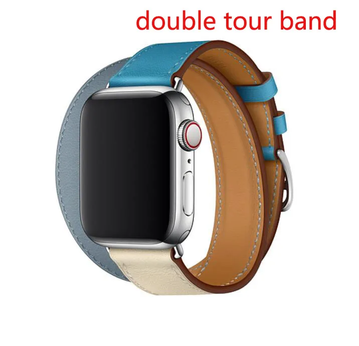 double bleu lin Один тур из натуральной кожи ремешок для наручных часов Apple Watch, версии двойной пряжкой 3/2/1 38 мм 40 мм 42-44 мм, браслет для наручных часов iwatch серии 5 4 - Цвет ремешка: double bleu lin