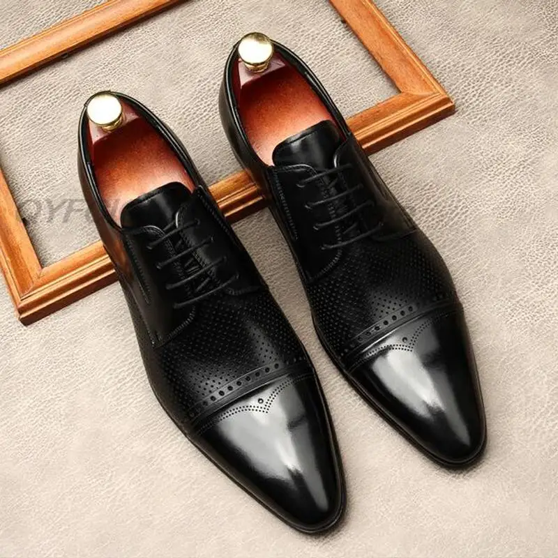 

Туфли-оксфорды мужские из натуральной кожи, Классическая деловая обувь, на шнуровке, с закрытым носком, свадебные туфли, черные
