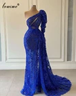 Ярко-синий, вечерние платья с вышивкой бисером, длинное арабское платье на одно плечо для выпускного вечера размера плюс, платья знаменитостей для женщин