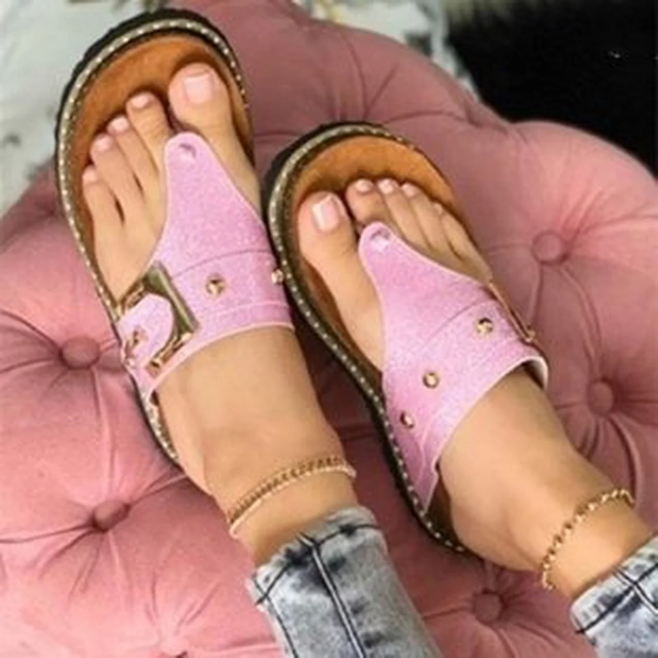 

Pure color women's shoes flat beach sandals ladies flip flops large size casual women's slippers 2021 summer new style