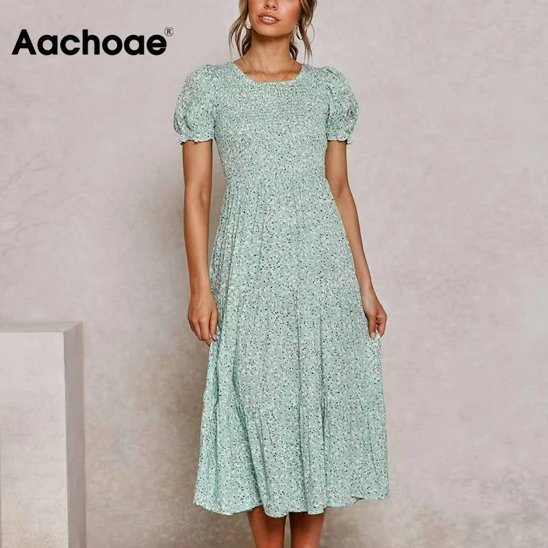 

Aachoae Women O Neck Floral Print Boho Dresses Ruffles Elastic Waist Chic Midi Dress Summer A Line Short Sleeve Dress Vestidos