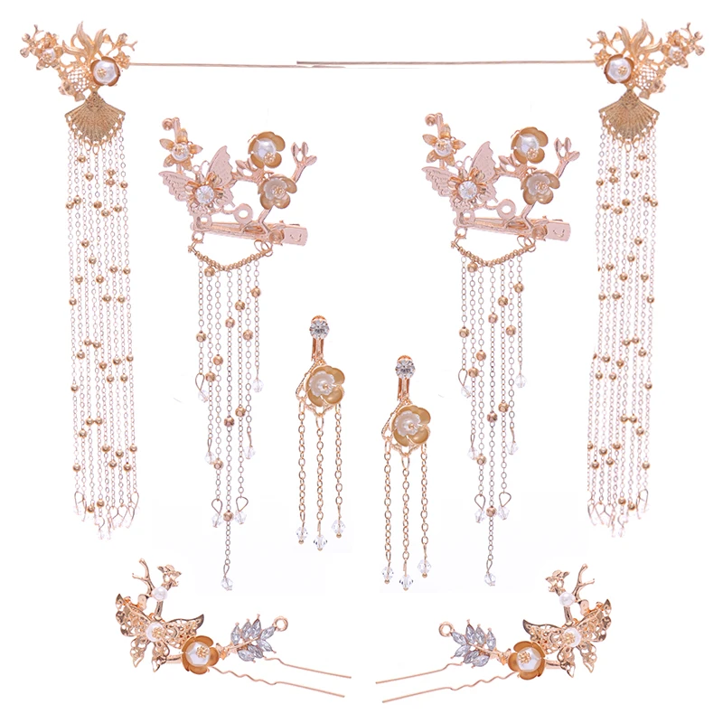 

Chinese Hanfu Bride Headdress Super Fairy Long Tassel Hairpin Step shaking Flower Kanzashi Antiquity Hair Crown Ornaments Set