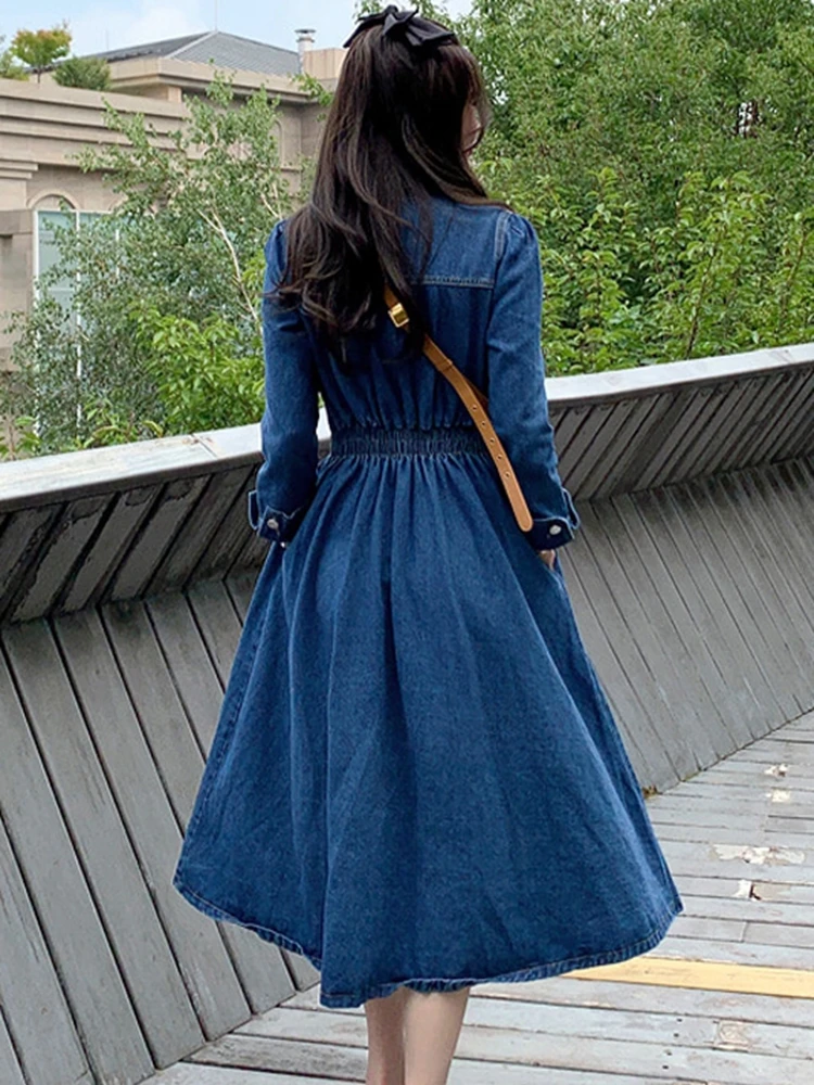 

Women Long Denim Dress Autumn 2020 New Fashion Blue Dresses Long-sleeve elasticity Waist A-line Cotton Dress Female