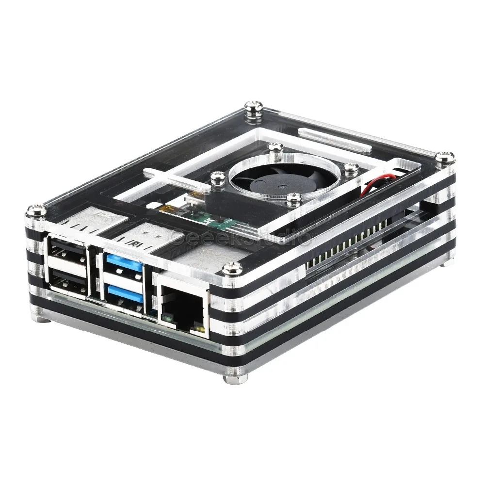 Акриловый прозрачный/прозрачный и черный чехол для Raspberry Pi 4 Модель B, с охлаждающим вентилятором для Raspberry Pi 4B