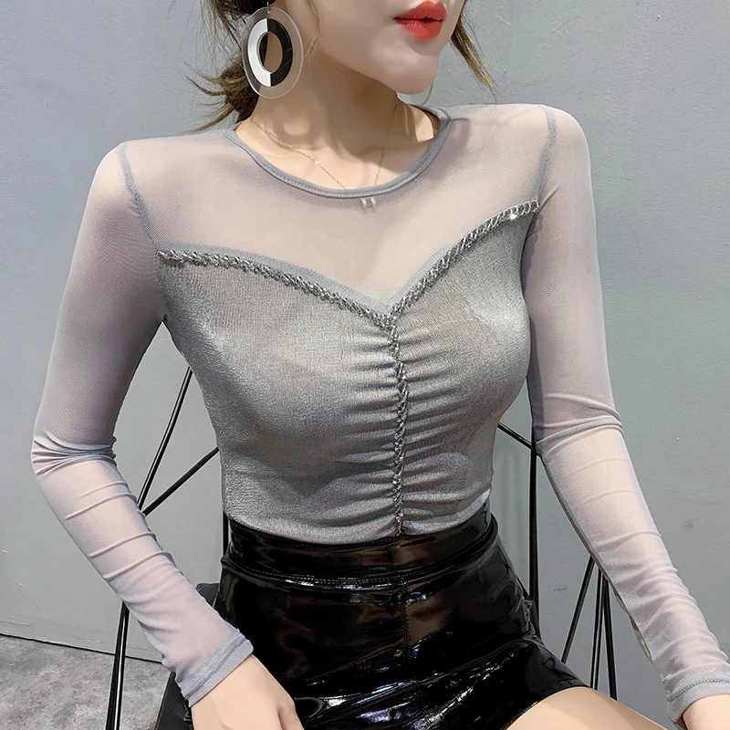 Корейская одежда сексуальная Лоскутная Сетчатая футболка с бисером 2020 весна