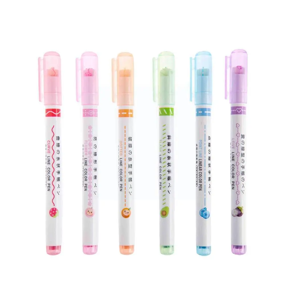 

6pcs/set Colorful Curve Highlighters Cute Pattern Hand Quick-drying Wave Pen Stroke Line Pen Markers Shaped Account Station Y8r3