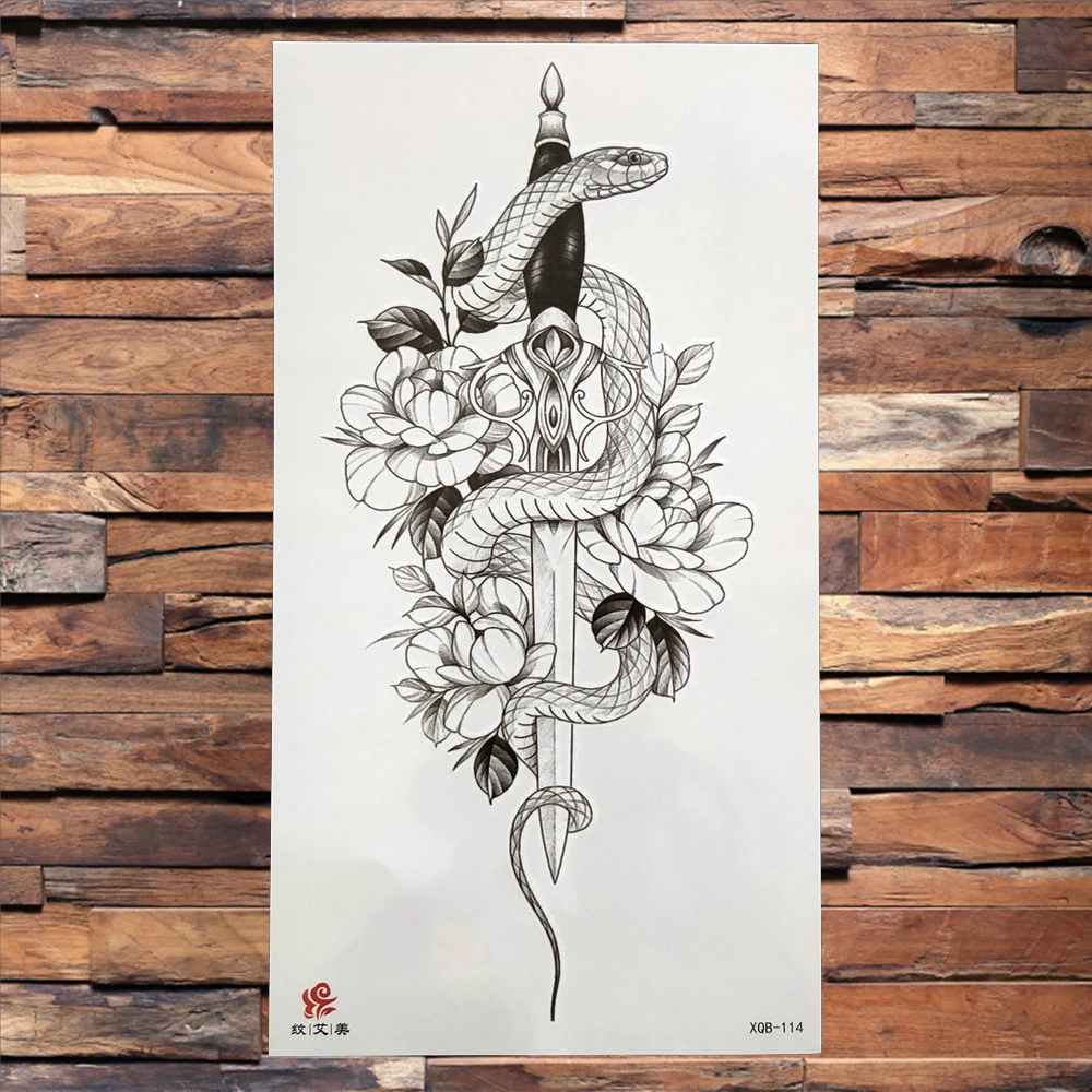 Черная змея Цветок временная татуировка для женщин мужчин дракон король