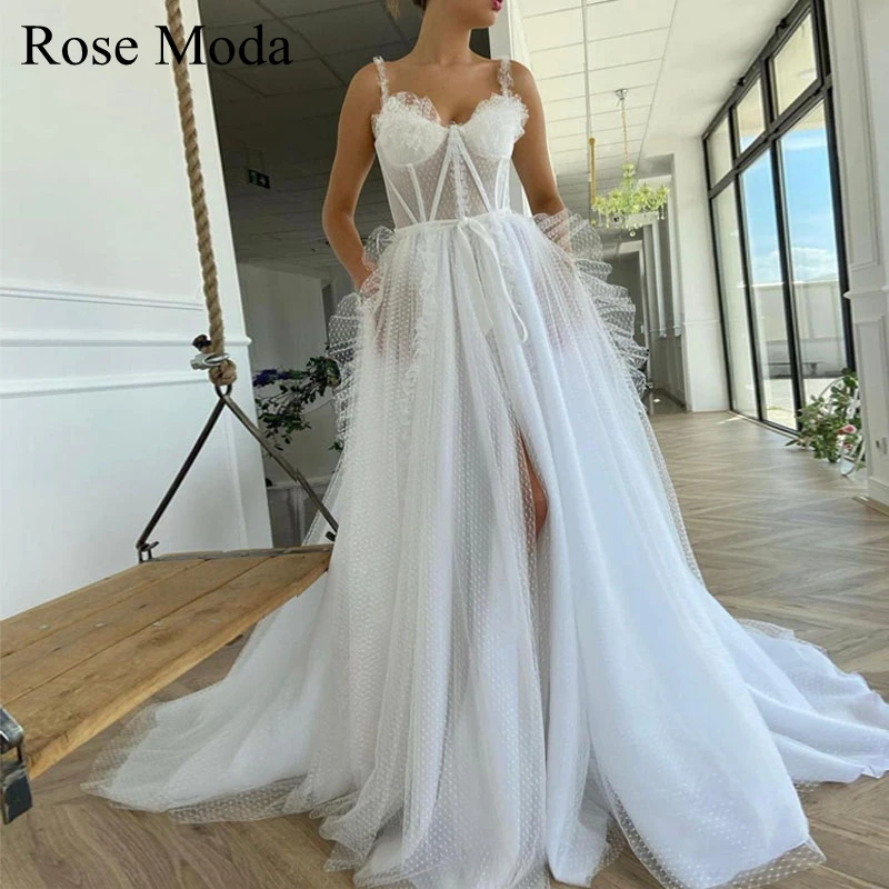 

Rose Moda Thin Straps Poka Dot Boho Wedding Dress with Slit Destination Bridal Gown Custom Make