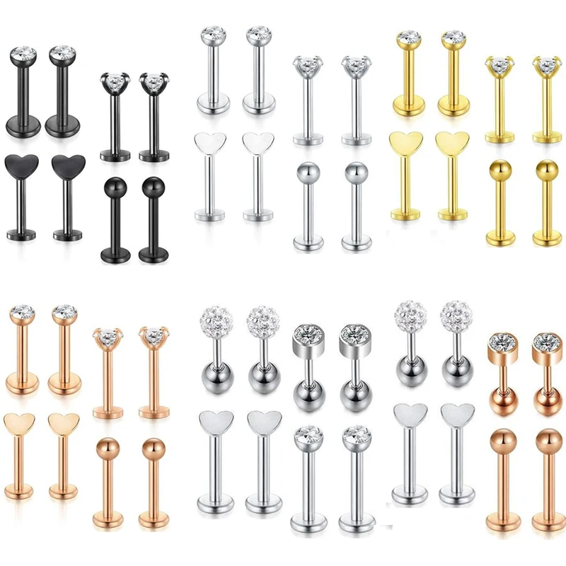 

8Pcs Crystal Labret Piercing Set 16G Heart Tragus Piercing Earring Lot Conch Piercing Set Lip Labret Stud Pack Lobe Earring Bulk