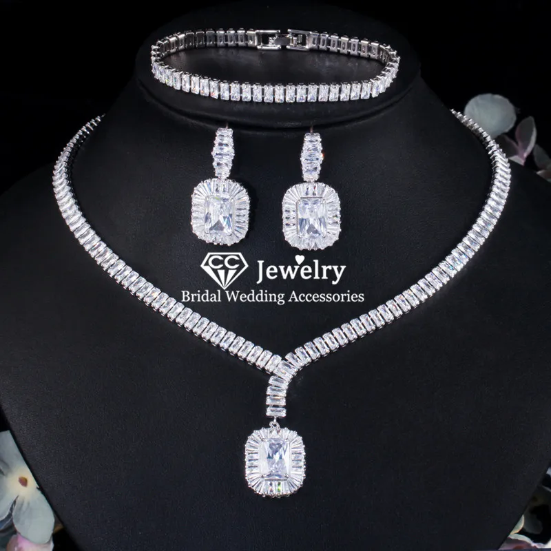 

CC Jewelry Sets Women Necklace Earring Bracelets Set 3pcs Wedding Accessories for Bridal Bijoux Elegant Fine Jewellery T0192