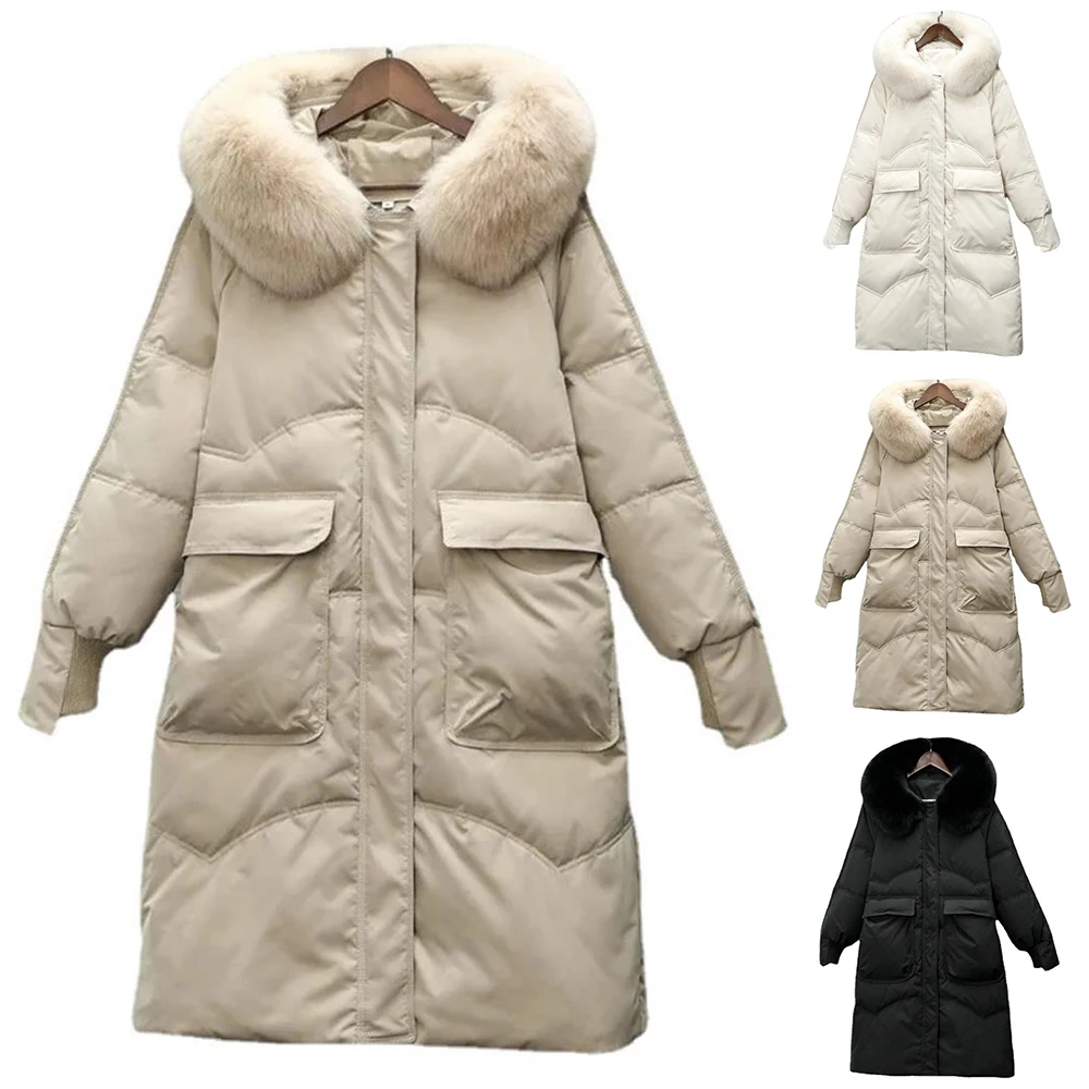 

Женское однотонное зимнее пальто, длинная куртка, теплая парка с меховой отделкой, верхняя одежда, женское теплое пальто с длинным рукавом и...