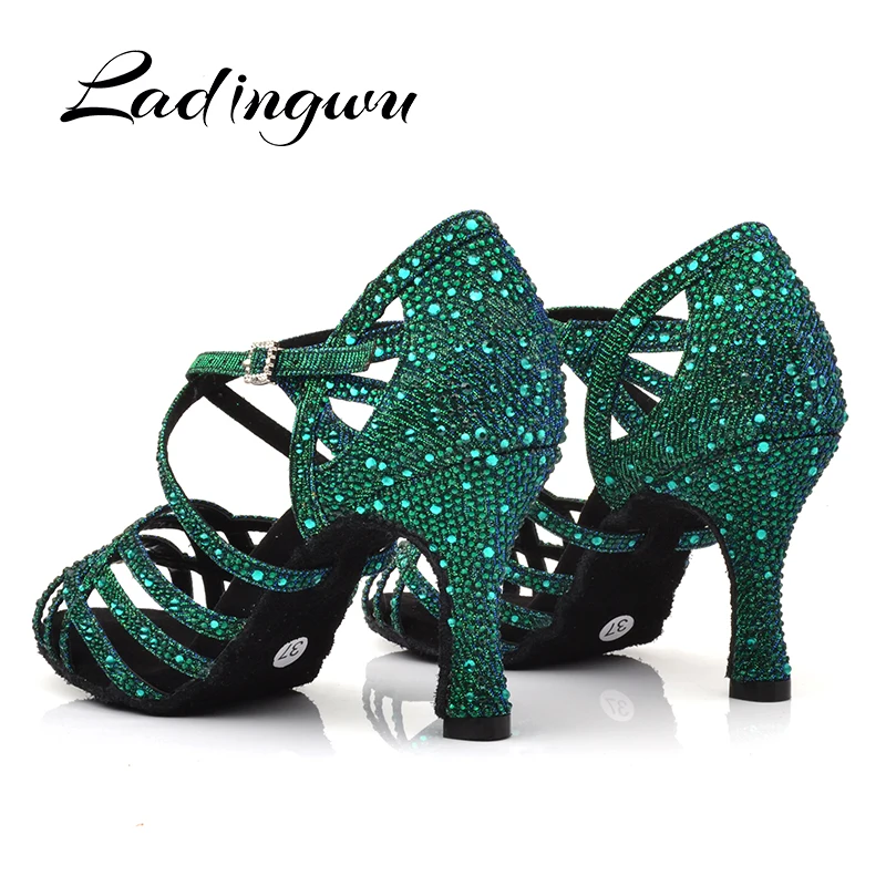 Turquoise Rhinestones Latin Dance Shoes Indoor Sports Dance Shoes Comfortable Soft Bottom Salsa Professional Performance Dance