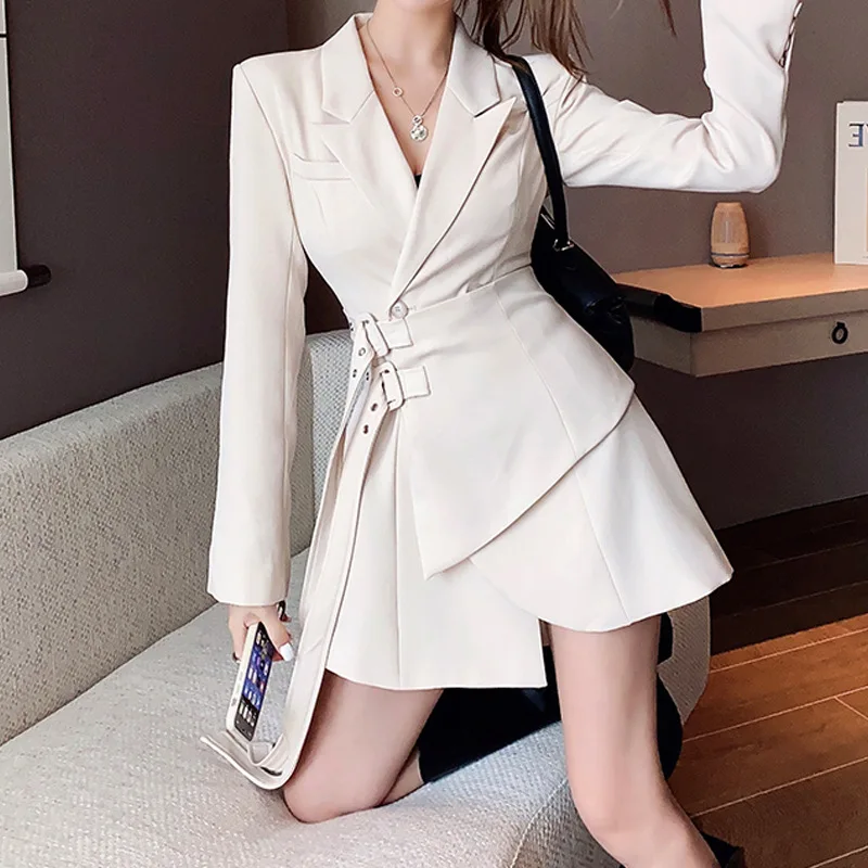 

Elegant Blazer Dress Women High Waist Slim Belted Sashes Long Sleeve Dress Female Korean Office Lady Mini Party Dress Vestidos