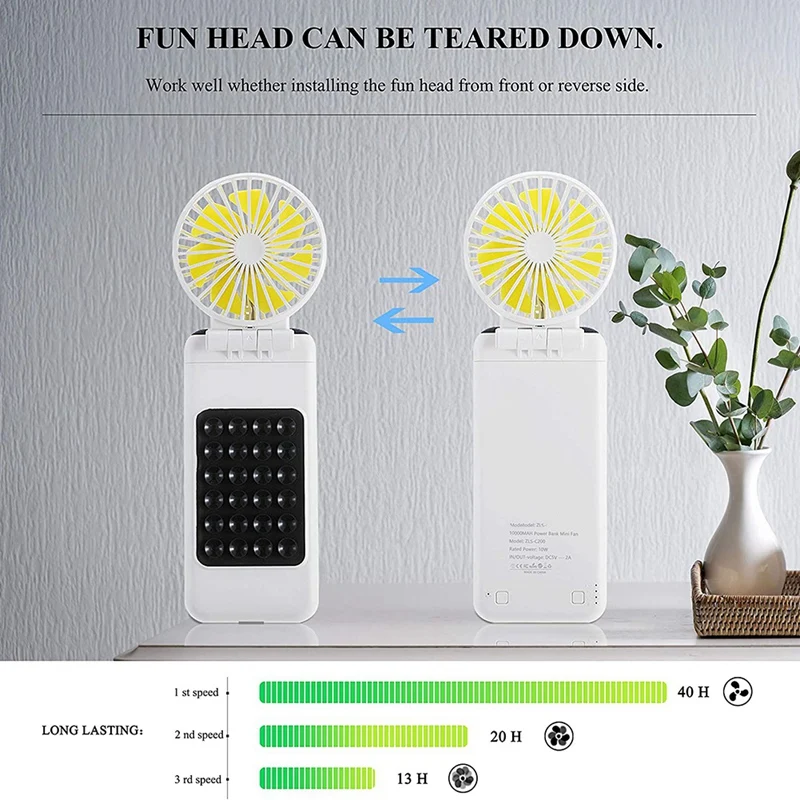 

Portable Fan with Power Bank Personal Fans Handheld Cooling Fan Rechargeable USB Fan 3 Speeds/Strong Airflow