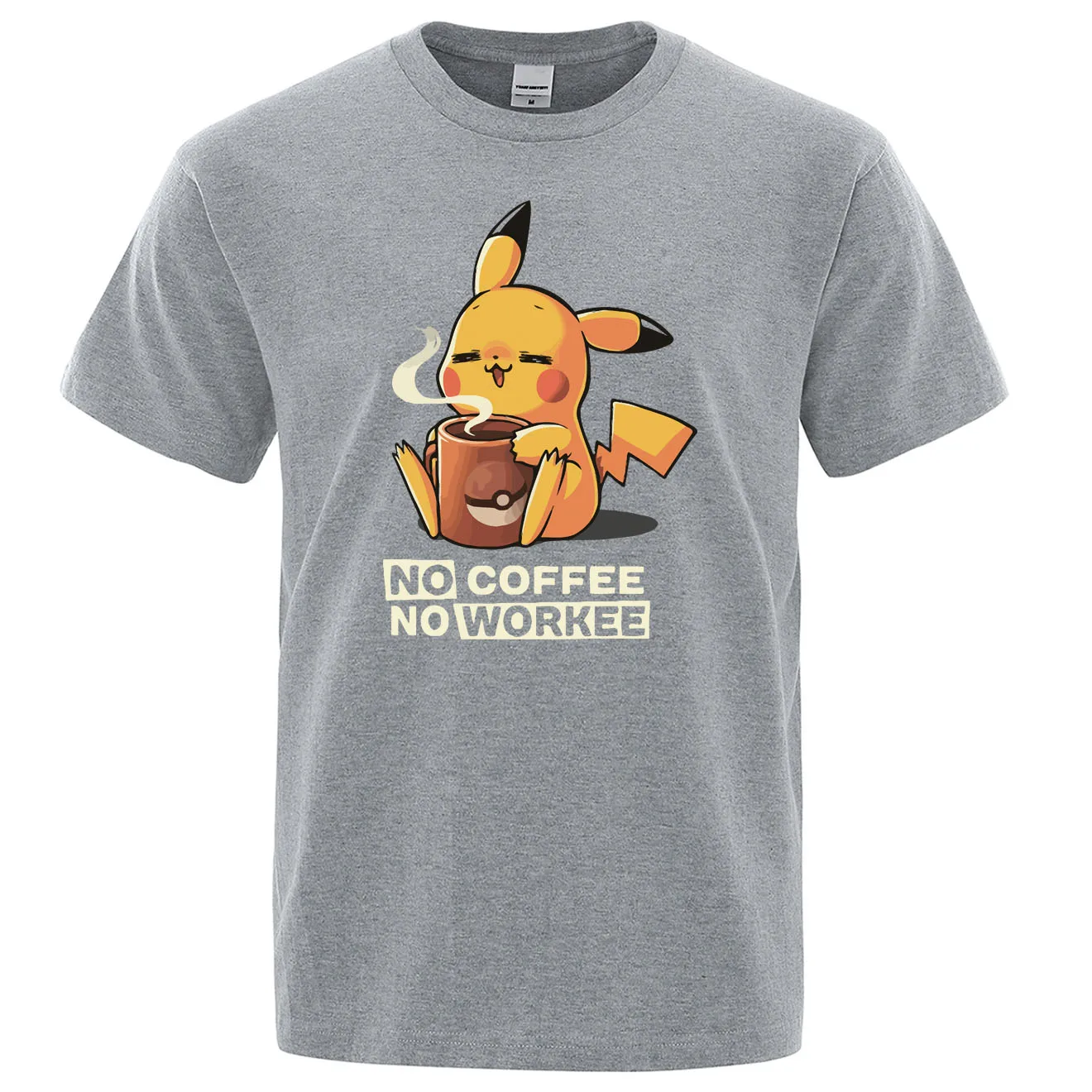 Футболки NO COFFEE NO WORKEE, Пикачу, футболка Pokemon, повседневные мужские футболки с круглым вырезом, Забавные футболки, черные мужские топы, брендовая одежда - Цвет: gray 6