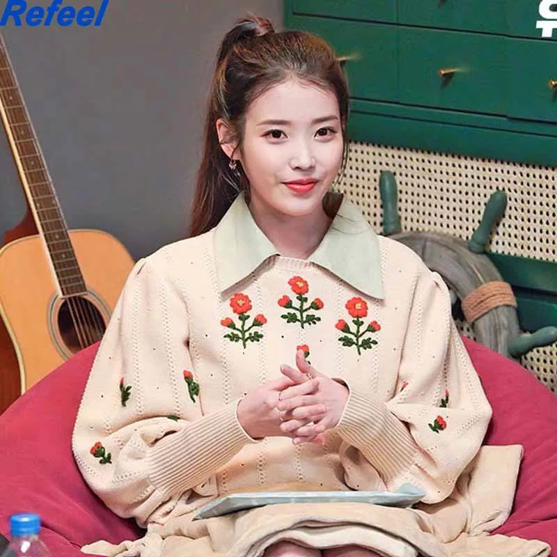 

Vintage O Neck Mila sweater women France Red floral embroidered women Sweater Retro Warm Kintted Pullover