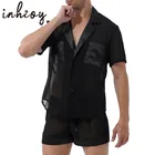 Пижамный комплект мужской из 2 предметов, прозрачная шифоновая атласная рубашка с коротким рукавом, ночная сорочка с шортами, черный цвет