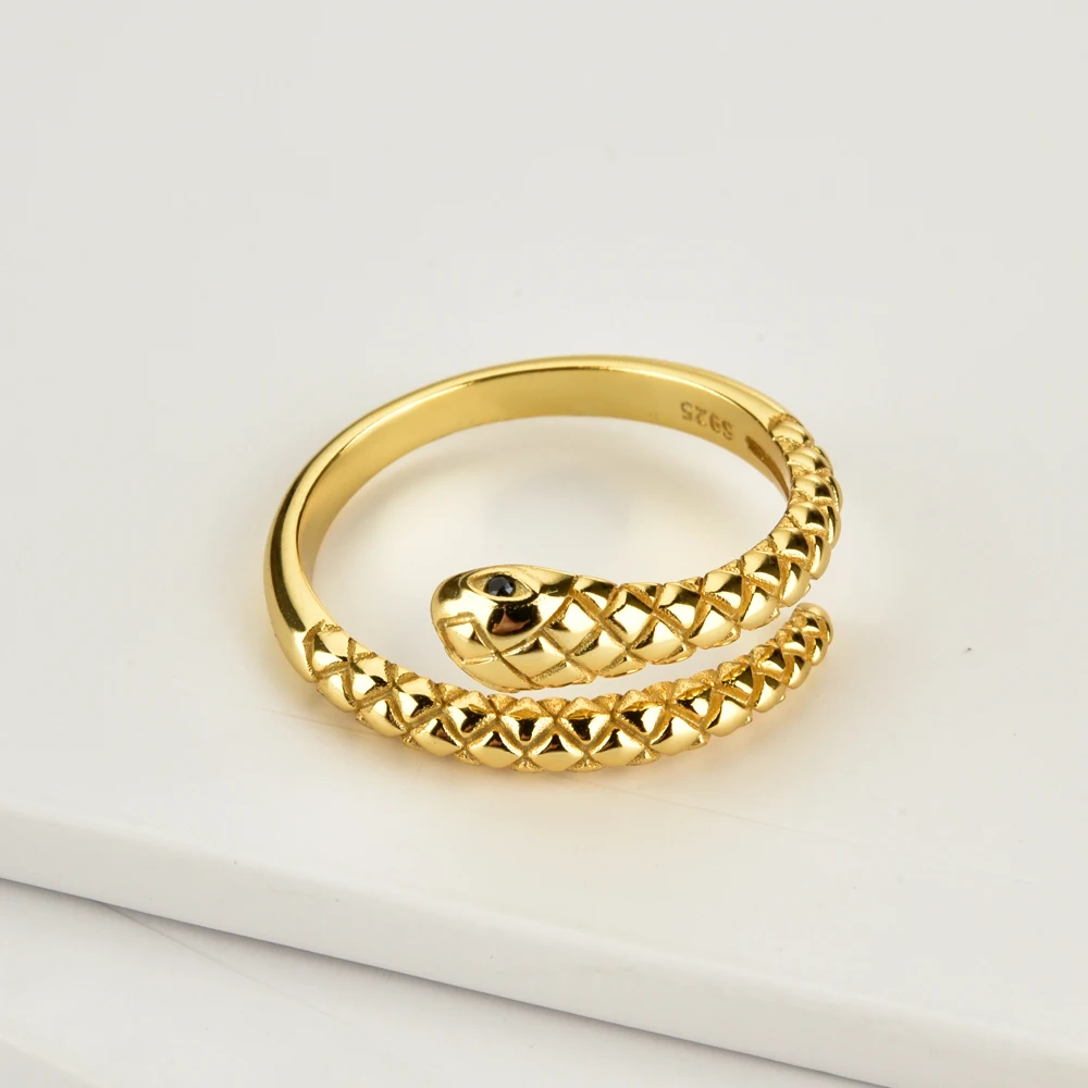 

925 Sterling Silver Gold Snake Resizable Ring Adjustable Animal Women Luxury Rock Punk Slim Circle Round Jewelry