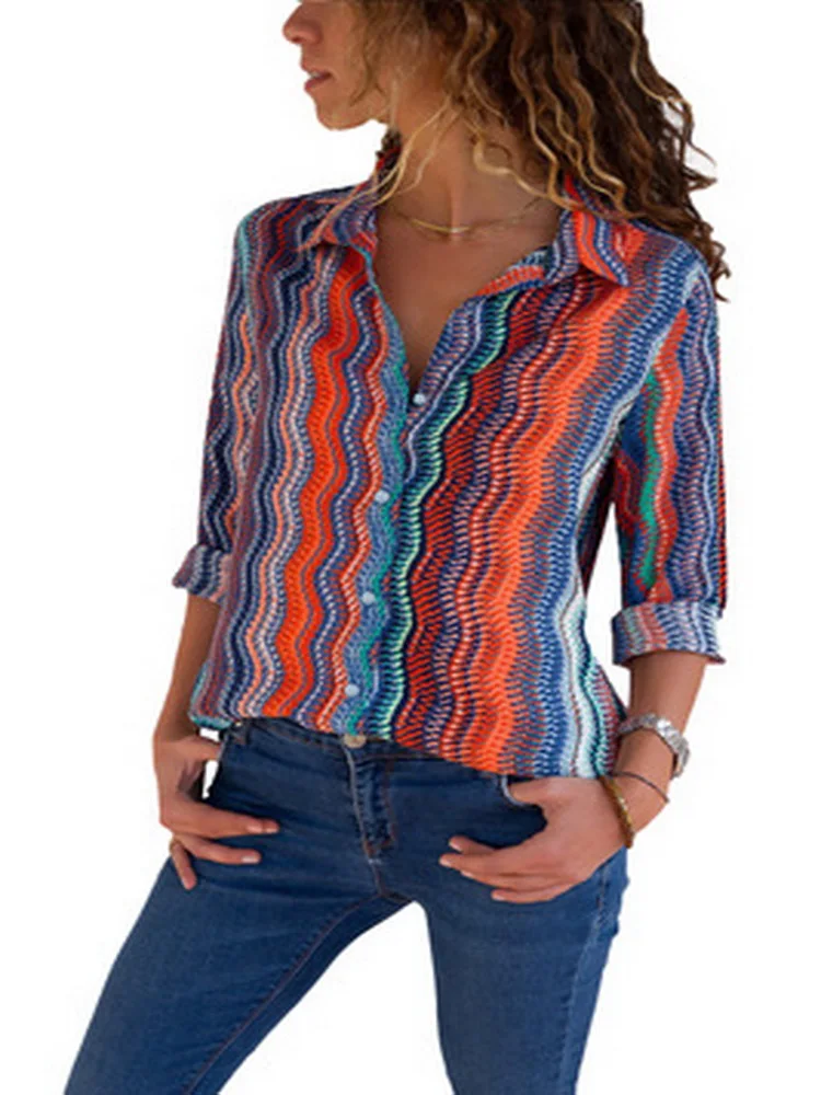 

2020 New Spring and Autumn Women's Button Cardigan Fashion Print V-Collar Long Sleeve Shirt Top Women