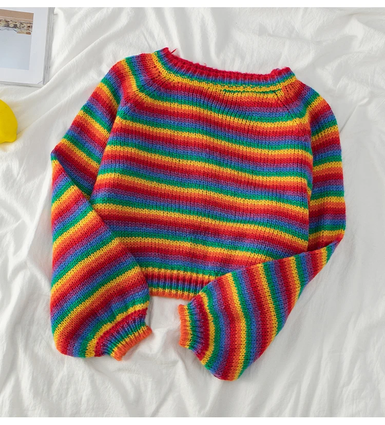 Женский трикотажный свитер разноцветный Свободный пуловер в полоску Корейском