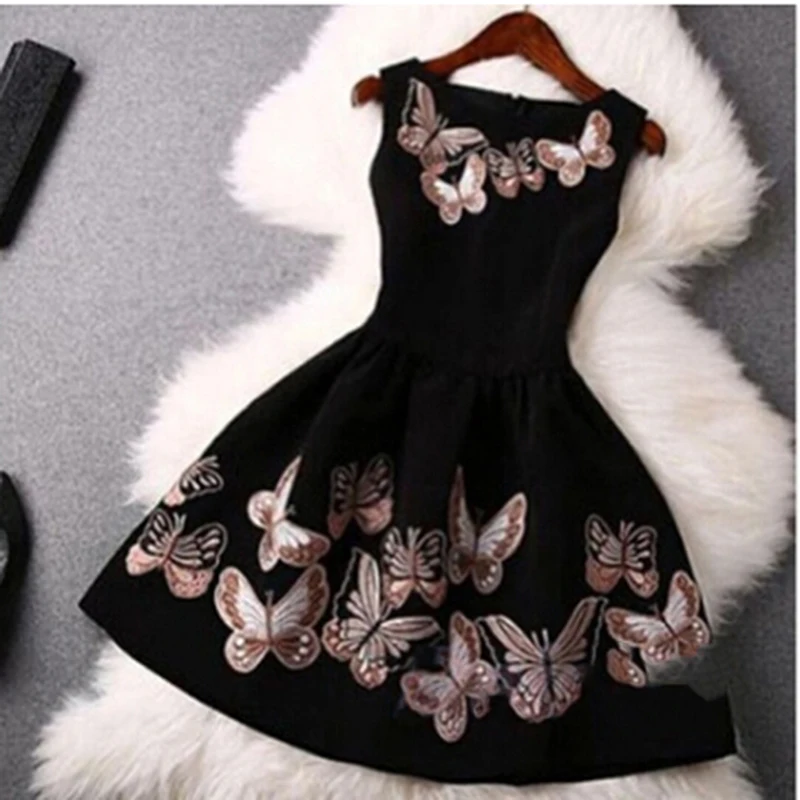 

Women Fashion Party Dress Sleeveless Back Zipper Butterfly Print Dress Female Lady O-Neck Slim Big Swing Ball Gown Dress Vestido