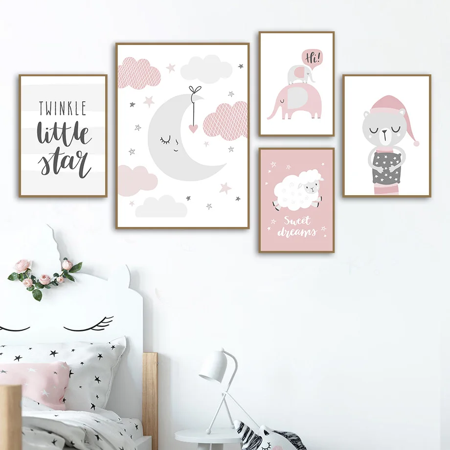 

Abstract Star Cloud Wall Art Poster Moon Pink Elephant Sheep Animal Print Quotes Canvas Painting Nordic Baby Kid Girl Room Decor