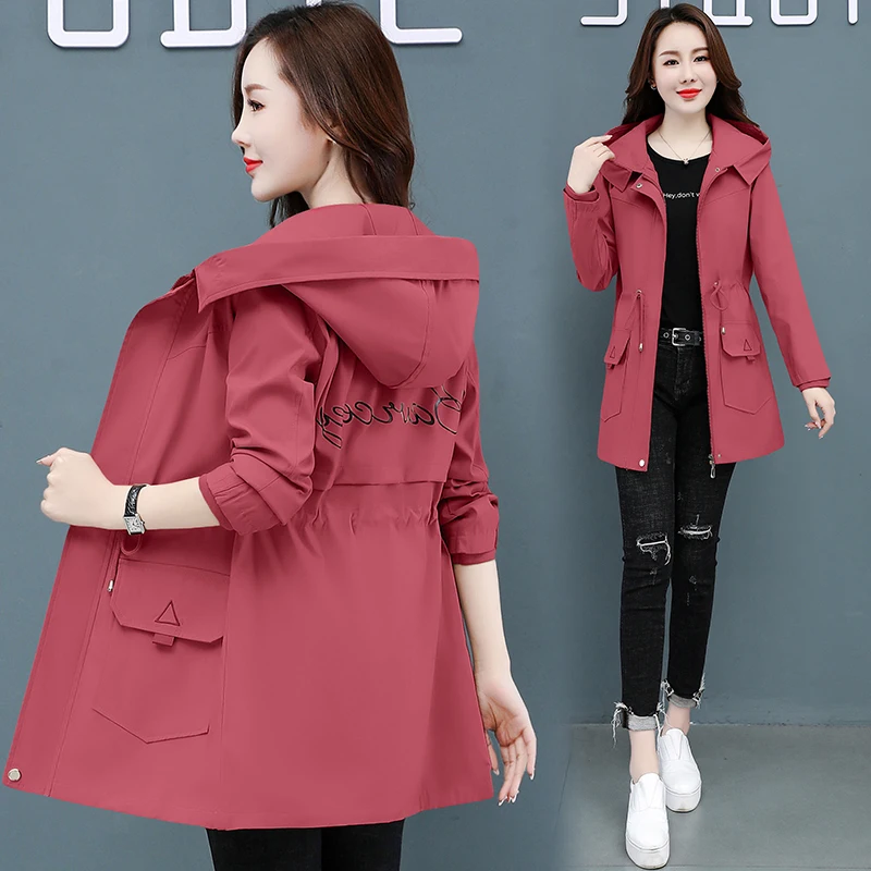 

Fashion Femme Top Thin Windbreaker Women Hooded 2021 Spring Autumn Korean Mid-Length Zipper Jacket Loose Female Coat G1040