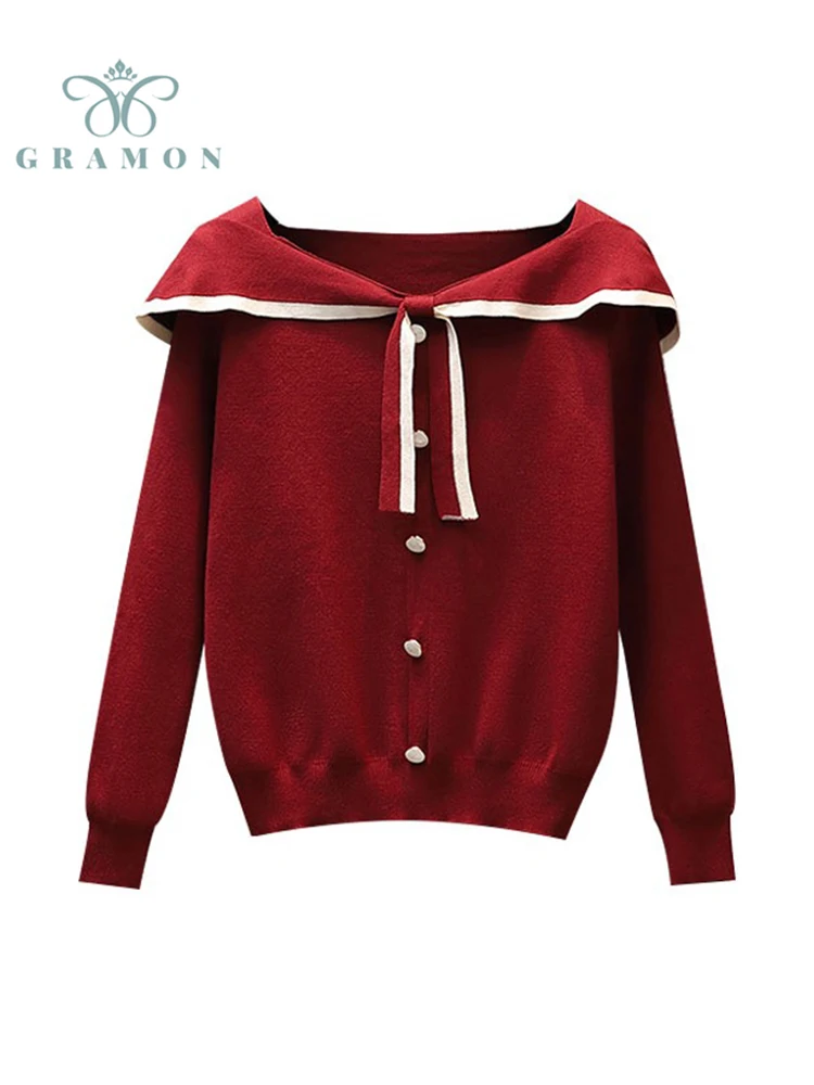 

Knitted Sweater Woman Spring Autumn Korean Fashion Sailor Collar Loose Oversize Button Pullover Tops Solid Color Mujer Clothing