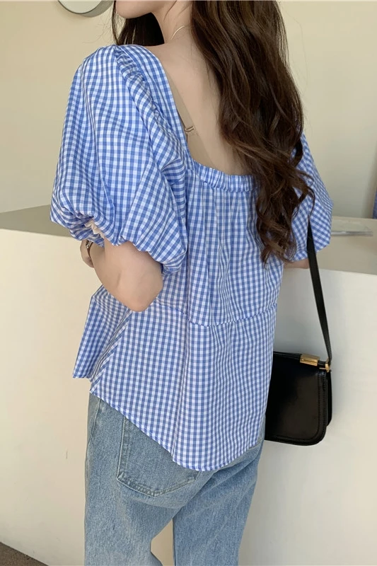 

COIGARSAM Short Sleeve blouse women Plaid Loose Square Collar blusas womens tops and blouses Black Blue 9756