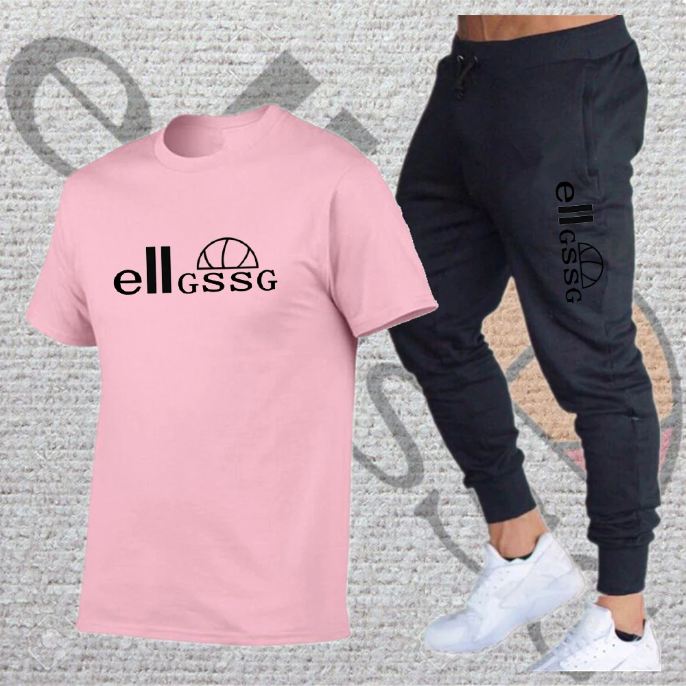 

Spring/Summer Men's Trendy Sportswear Brand Men's 2pcs Short-Sleeved T-shirt+Men's Fitness Workout Belt Tights Solid Color Suit