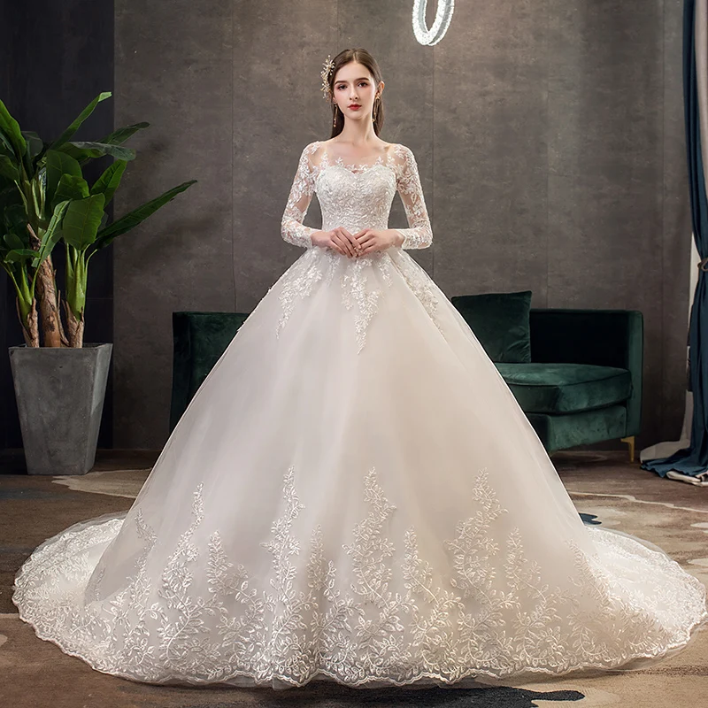 

New Lace Wedding Dress Elegant With Court Train Long Sleeves Romantic Vestido De Noiva Simples Vestido Longo