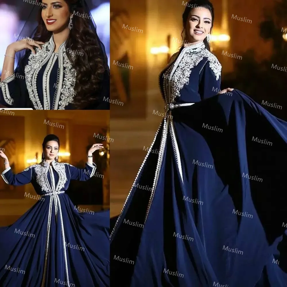 

Navy Blue Arabic Muslim Evening Dresses With Appliques Floor Length Chiffon Islamic Dubai Abaya Evening Gowns Cheap Prom Dress