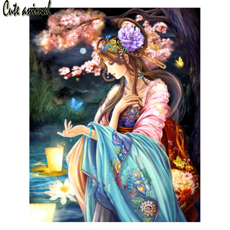 

Классическая красота полная квадратная картина из страз 5D в японском стиле Женская искусство стены цветок декор Новогодний подарок