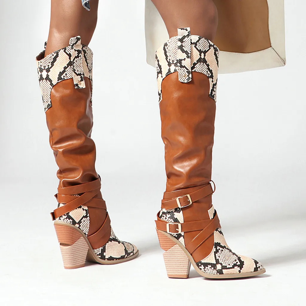 Snake Print Leather Knee-High boots Women Buckle square Heel Cowboy Knees High Boots Plus size 43 western horse riding shoes | Обувь