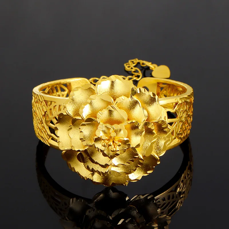

Luxury Gold 24K Bracelets for Women's Wedding Anniversary Delicate Flower Bud Yellow Gold Bangles Bracelet Fine Jewelry Gifts